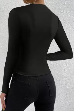 Kadın Siyah Belden ve Boyundan Büzgü Detaylı Uzun Kollu Bluz