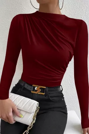 Kadın Bordo Belden ve Boyundan Büzgü Detaylı Uzun Kollu Bluz