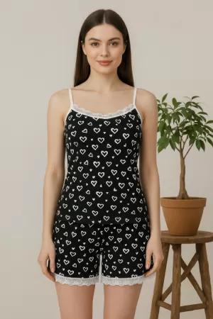 Kadın Siyah Kalp Desenli Askılı Şortlu Dantelli Pijama Takımı