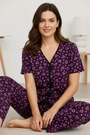 Kadın Mor Kalp Desenli Fiyonklu Kısa Kollu Uzun Pijama Takımı