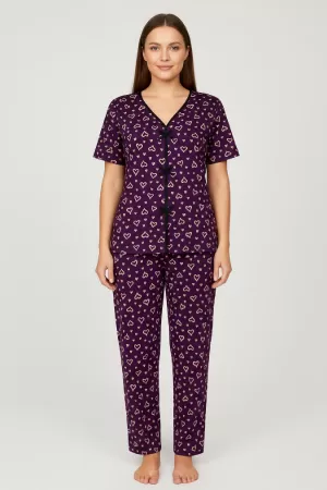 Kadın Mor Kalp Desenli Fiyonklu Kısa Kollu Uzun Pijama Takımı