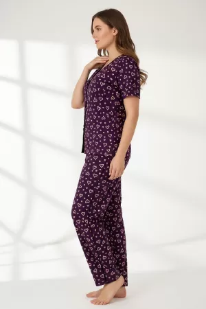 Kadın Mor Kalp Desenli Fiyonklu Kısa Kollu Uzun Pijama Takımı