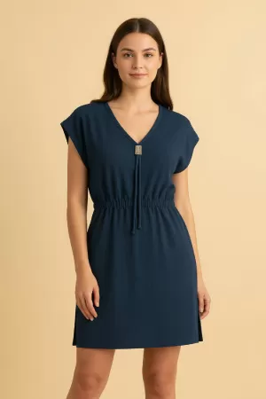 Kadın Lacivert Yanları Yırtmaçlı Tokalı V Yaka Mini Plaj Elbisesi