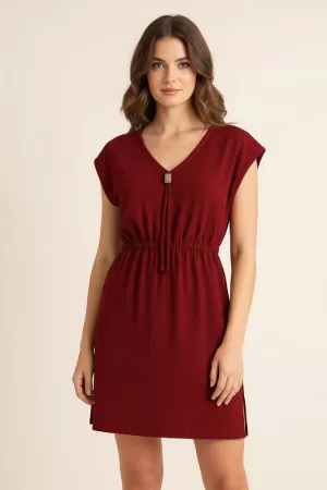 Kadın Bordo Yanları Yırtmaçlı Tokalı V Yaka Mini Plaj Elbisesi