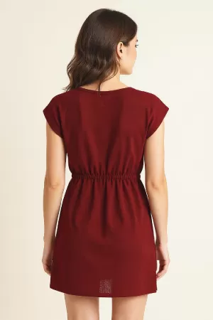 Kadın Bordo Yanları Yırtmaçlı Tokalı V Yaka Mini Plaj Elbisesi