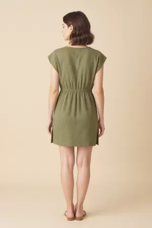 Kadın Haki Yanları Yırtmaçlı Tokalı V Yaka Mini Plaj Elbisesi