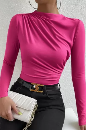 Kadın Fuşya Belden ve Boyundan Büzgü Detaylı Uzun Kollu Bluz