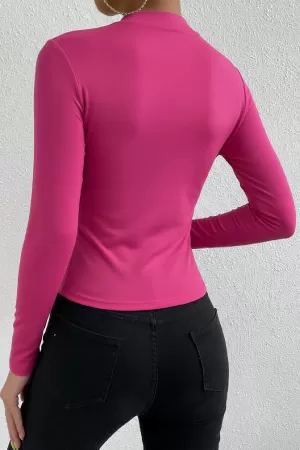 Kadın Fuşya Belden ve Boyundan Büzgü Detaylı Uzun Kollu Bluz