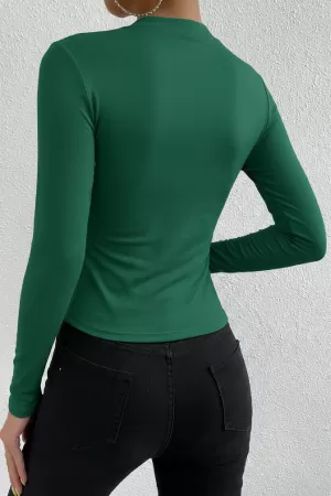 Kadın Yeşil Belden ve Boyundan Büzgü Detaylı Uzun Kollu Bluz