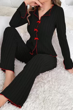 Kadın Siyah Kırmızı Biyeli ve Fiyonklu Uzun Kollu Mevsimlik Pijama Takımı