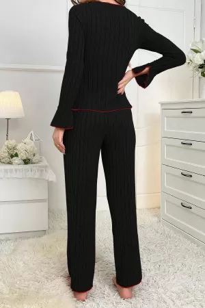 Kadın Siyah Kırmızı Biyeli ve Fiyonklu Uzun Kollu Mevsimlik Pijama Takımı