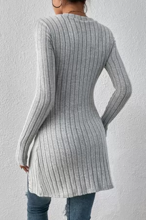 Kadın Gri Düğme Detaylı Kare Yaka Fitilli Asimetrik Etekli Uzun Kollu Bluz