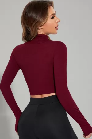 Kadın Bordo Uzun Kol Fermuarlı Parmak Geçme Detaylı Dik Yaka Crop Top Bluz
