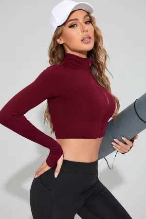 Kadın Bordo Uzun Kol Fermuarlı Parmak Geçme Detaylı Dik Yaka Crop Top Bluz