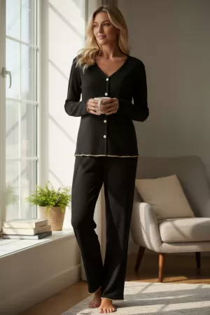 Premium Kadın Fitilli Pijama Takımı – Siyah Gold Biye Detaylı, Yumuşak Dokulu Ev Şıklığı