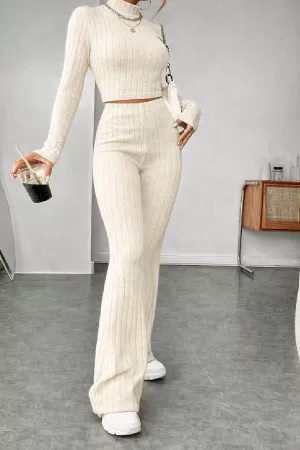 Kadın Ekru Çizgili Boğazlı Crop Top ve Yüksek Bel Eşofman Takımı Spor Şık Kombin