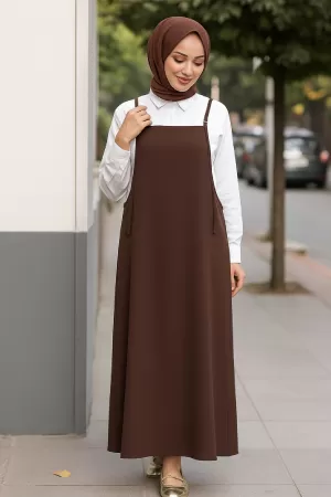 Kadın Acı Kahverengi Basic Ayarlanabilir Askılı Jile Elbise