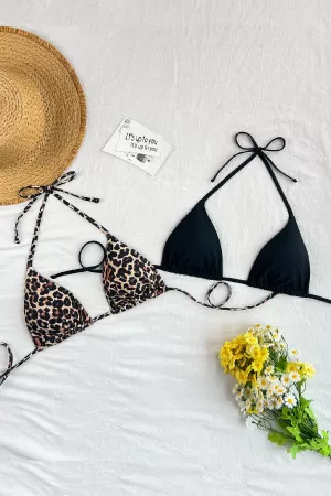 Kadın Leopar Desenli ve Siyah Minimal Kesim Üçgen Bikini Üstü