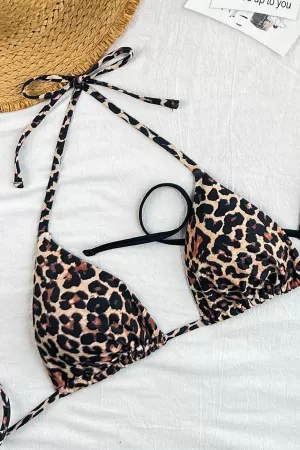 Kadın Leopar Desenli ve Siyah Minimal Kesim Üçgen Bikini Üstü