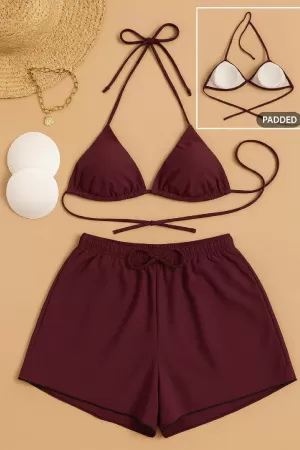 Kadın 3'lü Set Bordo Şortlu ve Yandan Bağlamalı Bikini Mayo Takımı