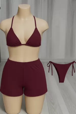 Kadın 3'lü Set Bordo Şortlu ve Yandan Bağlamalı Bikini Mayo Takımı