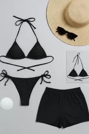 Kadın 3'lü Set Siyah Şortlu ve Yandan Bağlamalı Bikini Mayo Takımı