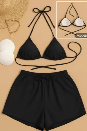 Kadın 3'lü Set Siyah Şortlu ve Yandan Bağlamalı Bikini Mayo Takımı