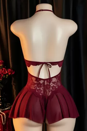 Kadın Bordo Dantel ve Tül Detaylı Derin V Yaka Teddy Gecelik