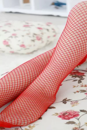 Kadın Kırmızı Üstü Dantel Fileli Jartiyer Çorabı