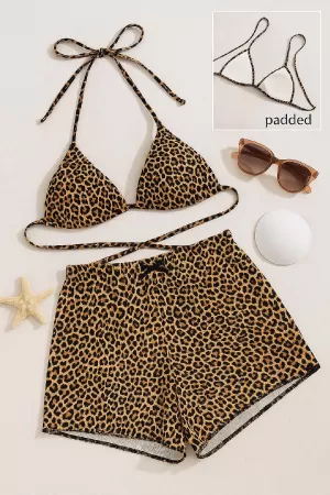 Kadın Leopar Desenli Şortlu Belden ve Boyundan Bağlamalı Bikini Takımı