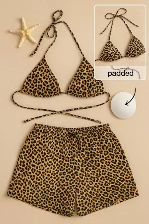 Kadın Leopar Desenli Şortlu Belden ve Boyundan Bağlamalı Bikini Takımı