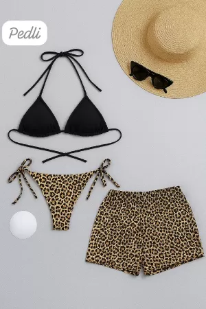 Kadın 3'lü Set Siyah ve Leopar Desenli Şortlu Yandan Bağlamalı Bikini Mayo Takımı