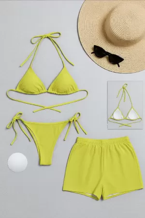 Kadın 3'lü Set Fosforlu Şortlu ve Yandan Bağlamalı Bikini Mayo Takımı