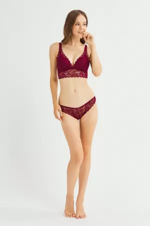 Kadın Bordo Dantelli Büstiyer Sütyen Külot Takımı