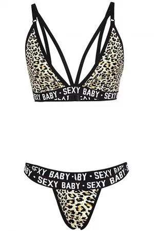 Kadın Leopar Desenli Yazı Detaylı Ipli Sütyen Takımı