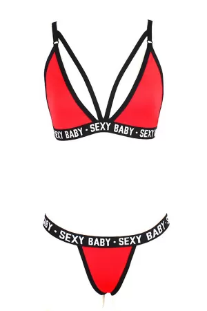 Kadın Kırmızı Yazı Detaylı Ipli Sütyen Takımı