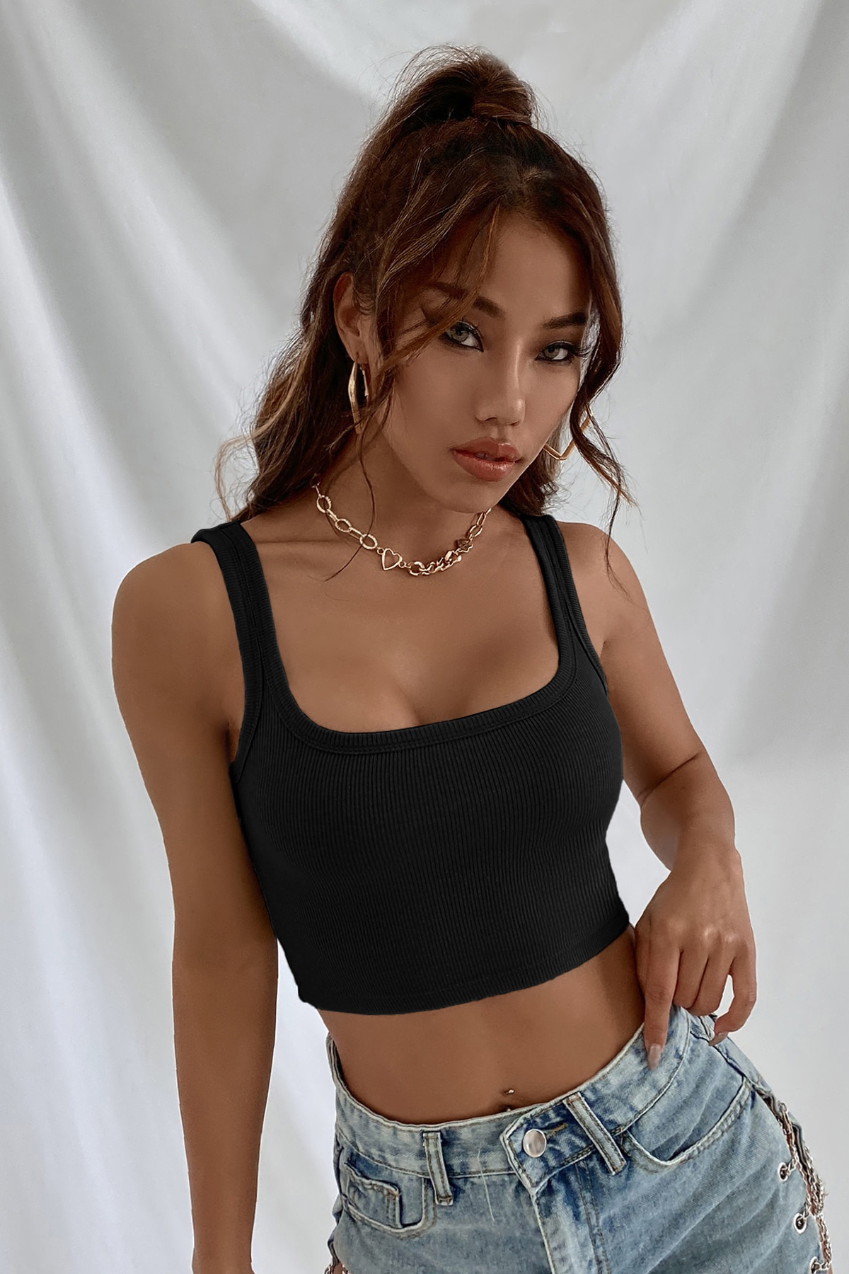 Büstiyer Crop Top Siyah - Kalın Askılı