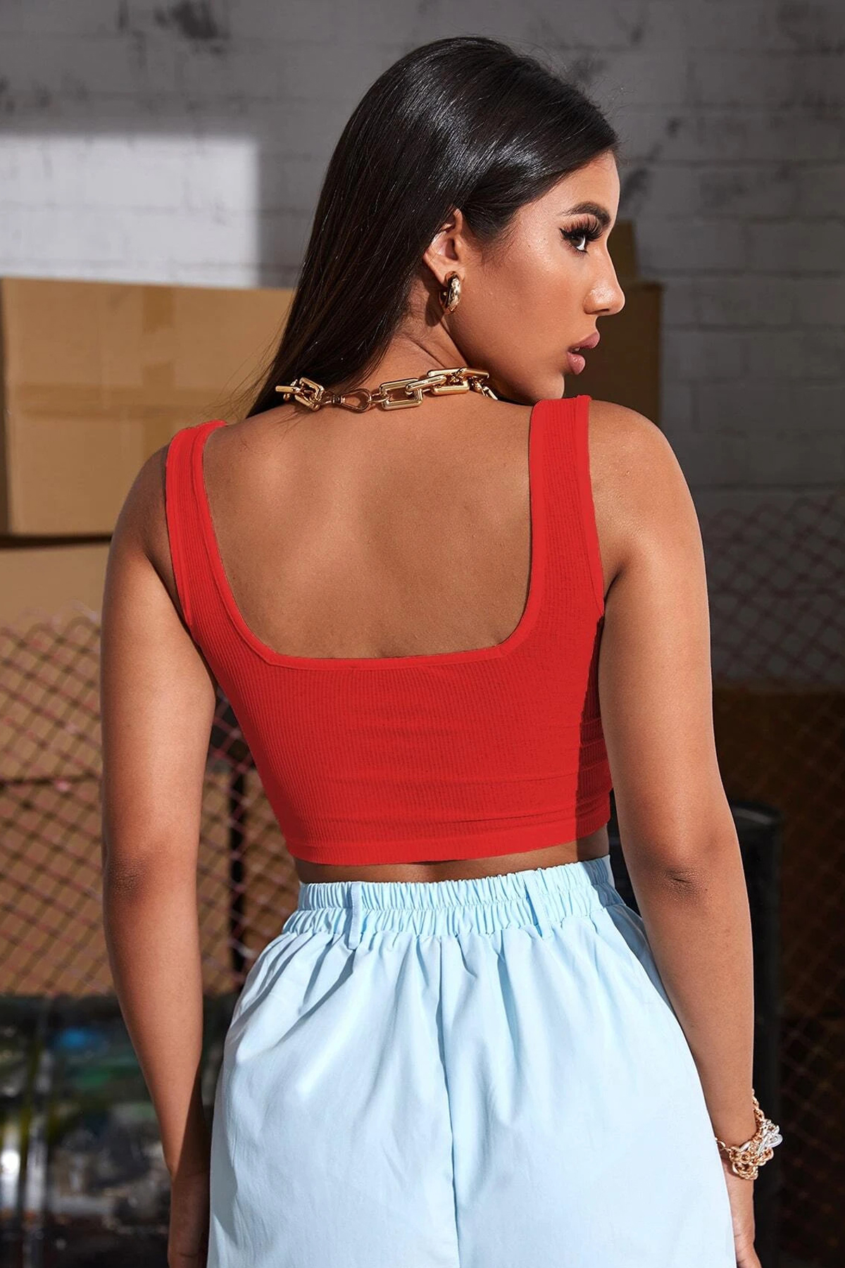 Kadın Kırmızı Kalın Askılı Crop Top Büstiyer