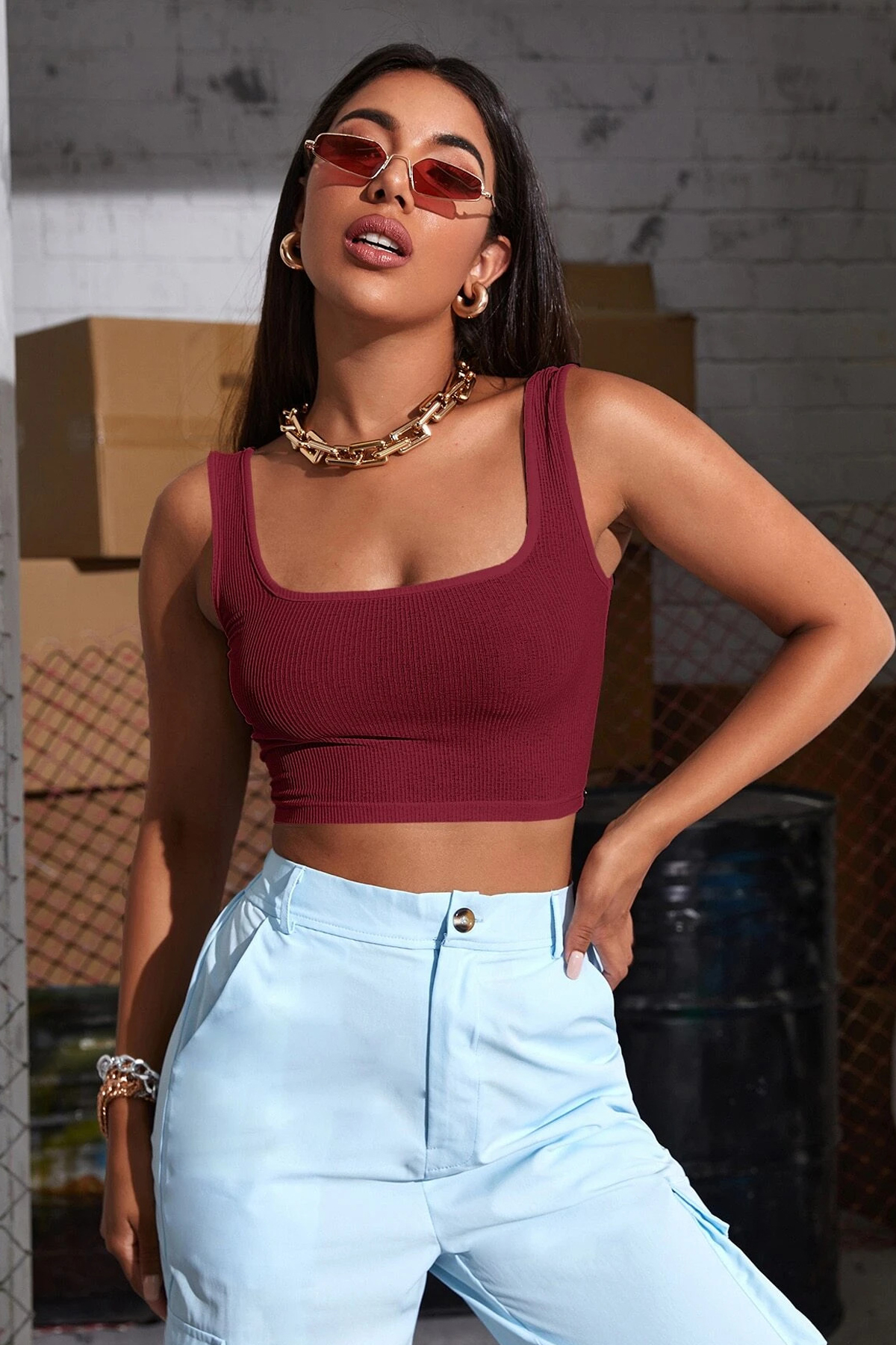 Kadın Bordo Kalın Askılı Crop Top Büstiyer