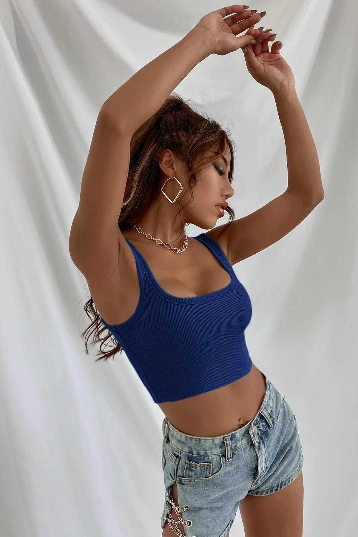 Kadın Lacivert Kalın Askılı Crop Top Büstiyer