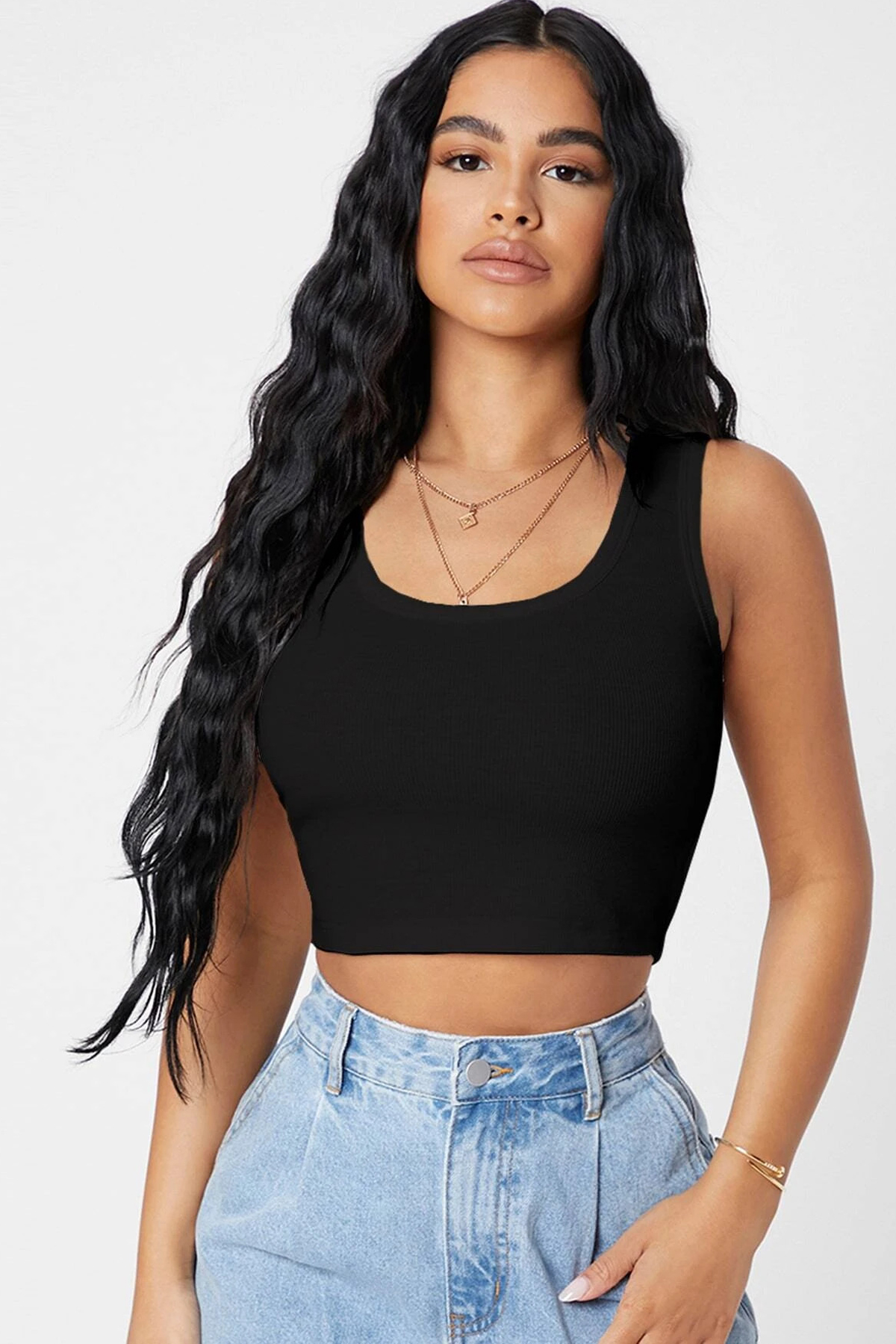 Kadın Siyah Crop Top Bluz - Ribana Kumaş