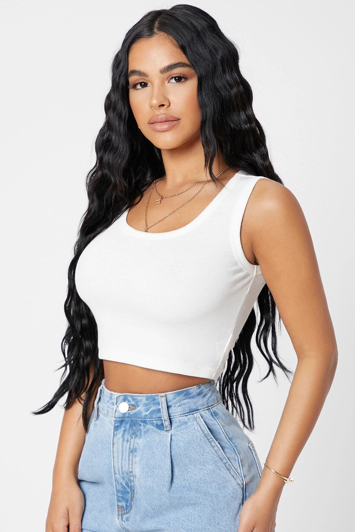 Kadın Beyaz Kare Yaka Crop Top Bluz