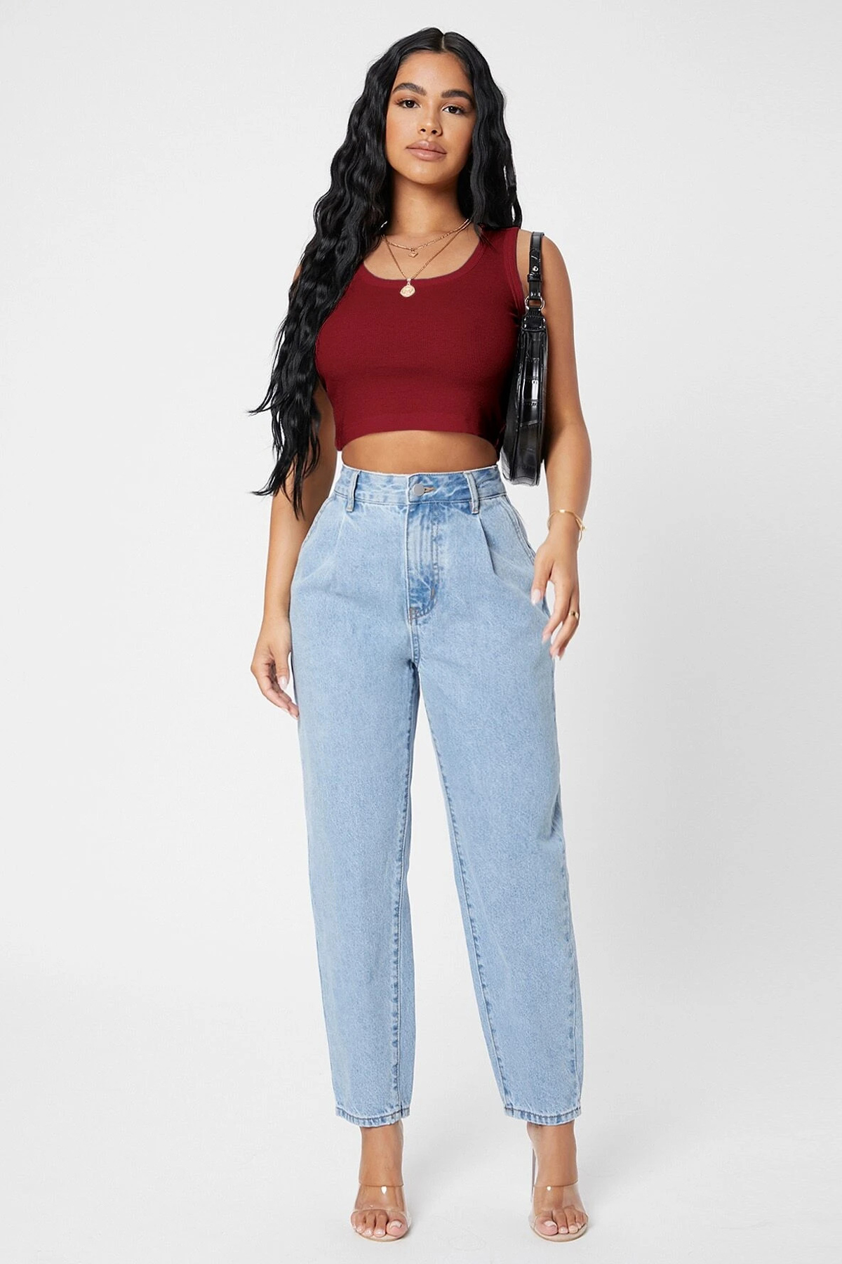 Kadın Bordo Kare Yaka Crop Top Bluz