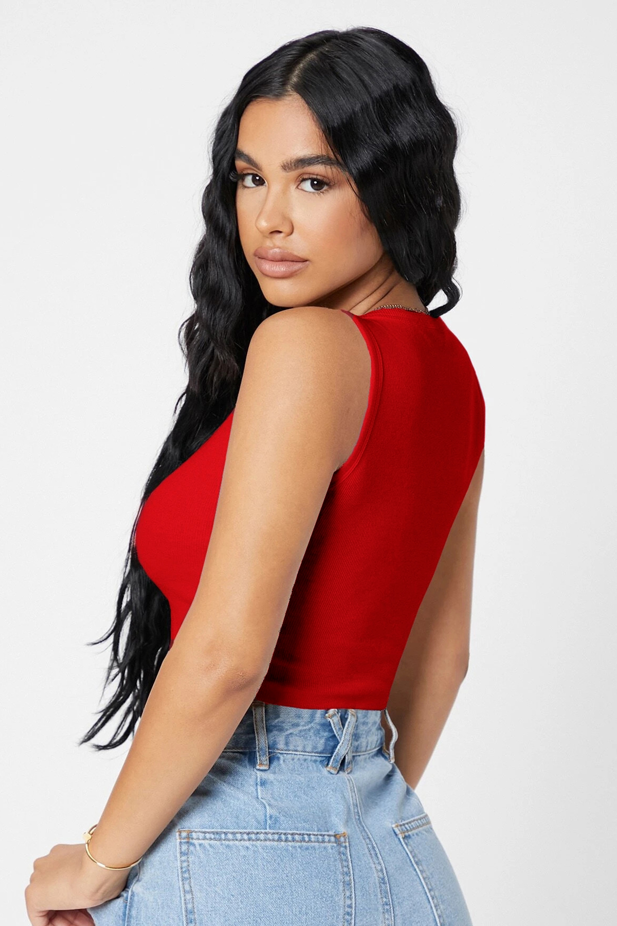 Kadın Kırmızı Kare Yaka Crop Top Bluz