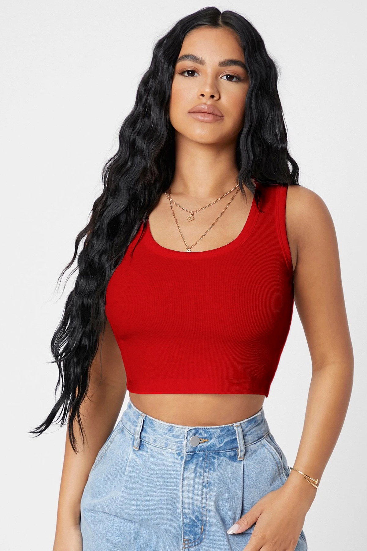 Kadın Kırmızı Kare Yaka Crop Top Bluz