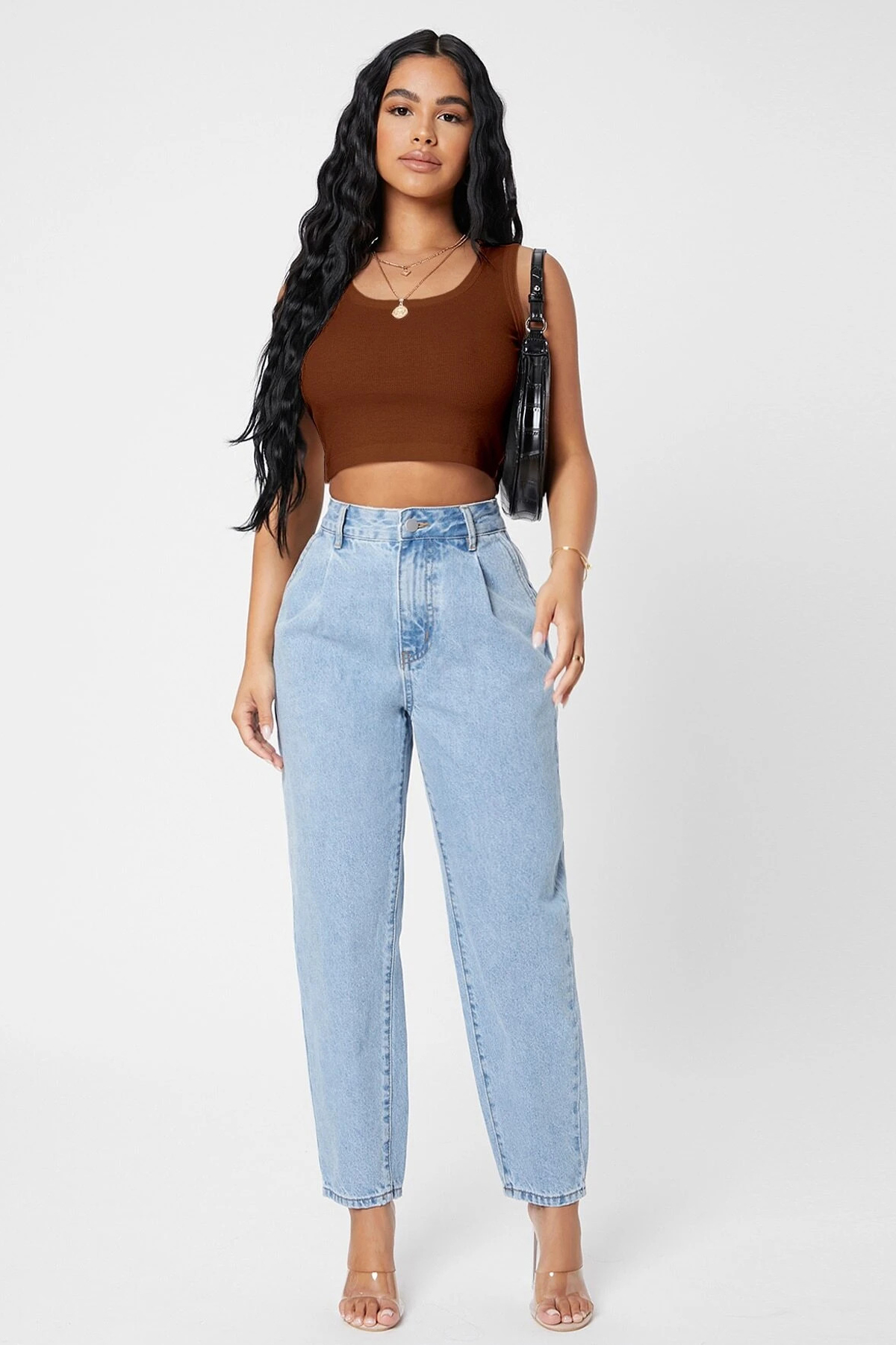Kadın Kahverengi Kare Yaka Crop Top Bluz