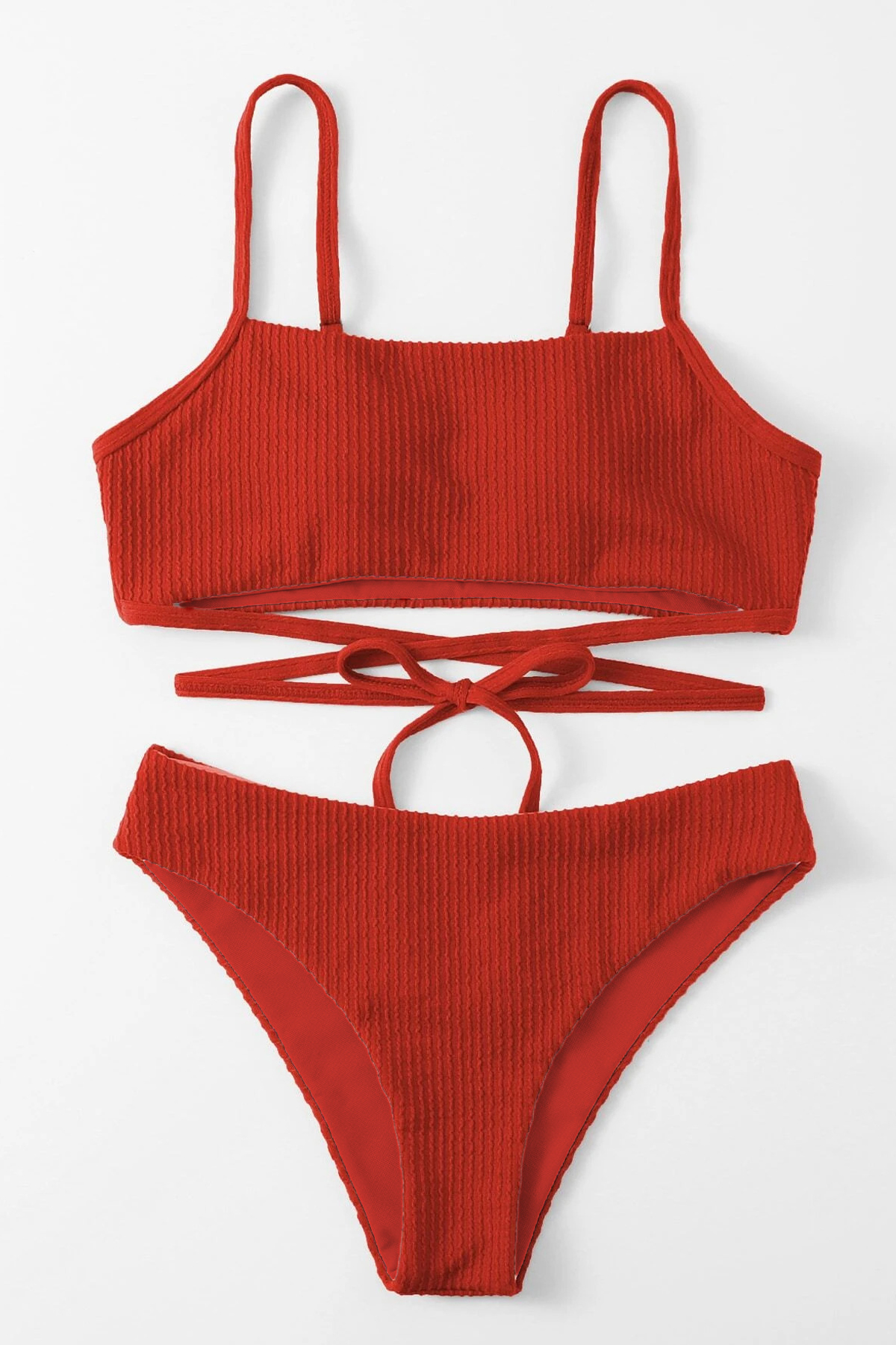 Kadın Kırmızı Çapraz Bağlama Detaylı Yüksek Bel Bikini Takımı