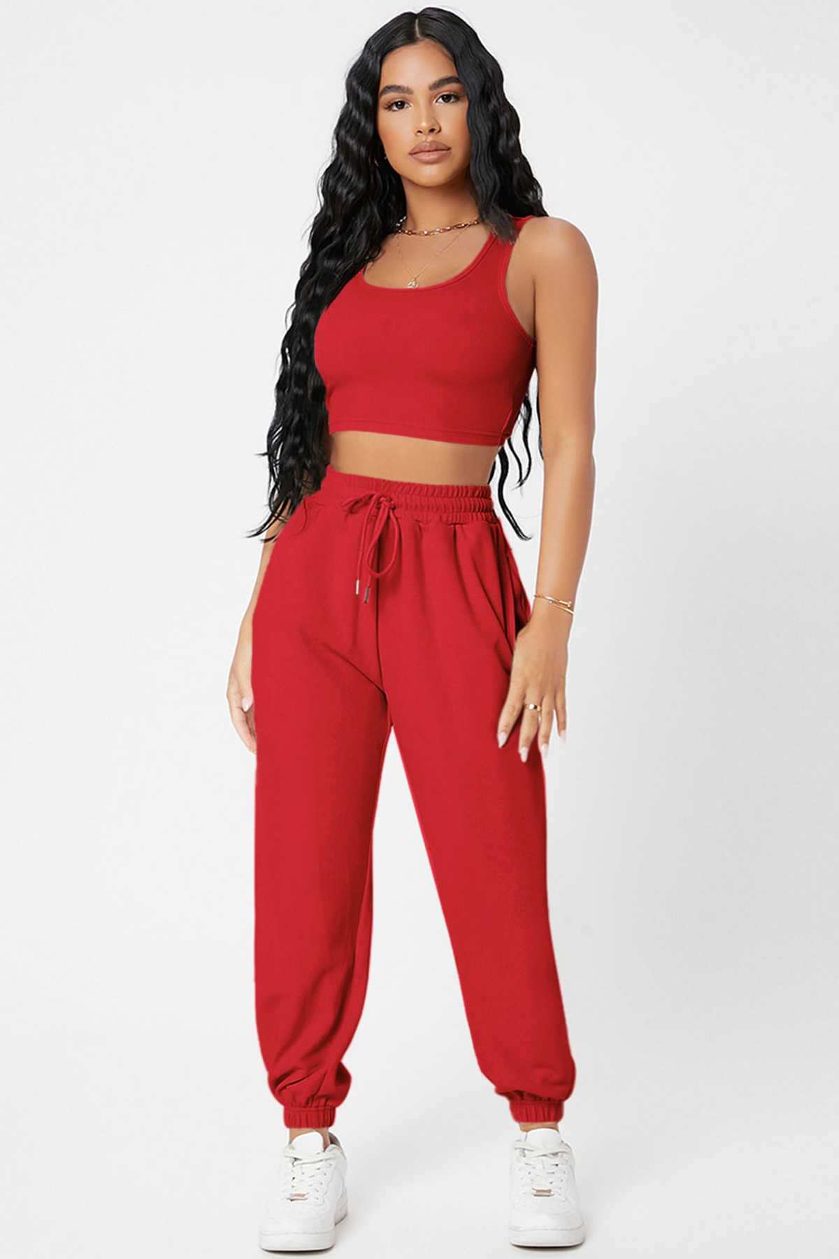 Kadın Kırmızı Jogger Eşofman Takımı - Pamuklu Crop Top