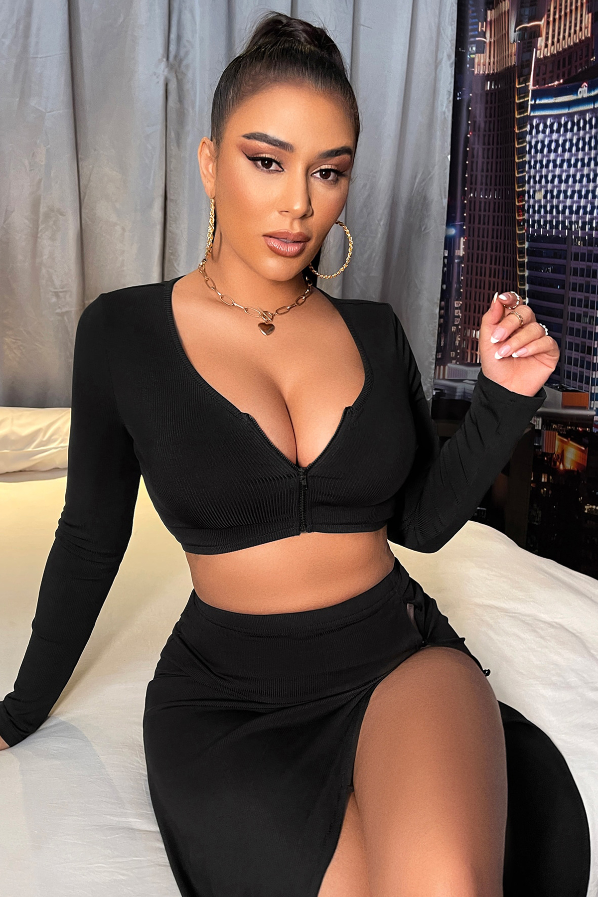 Bluz Crop Top Siyah Uzun Kollu - Kadın Bluz görsel 1