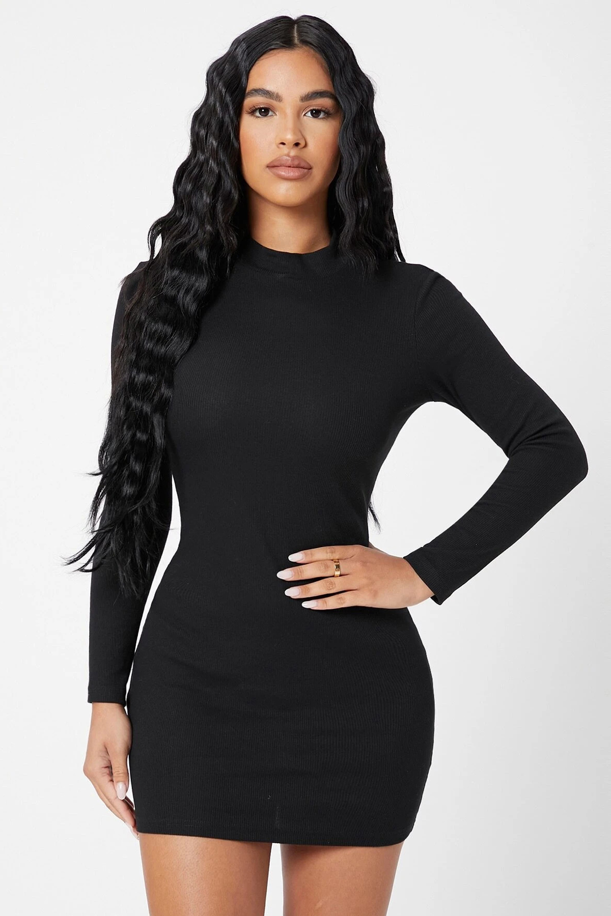 Kadın Siyah Kaşkorse Balıkçı Yaka Uzun Kollu Bodycon Mini Elbise